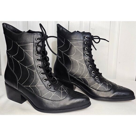Anarchic Shoes - Black Victorian 8-Eye Spiderweb Pointed Anarchic Heel Boots Witch Spider Booties